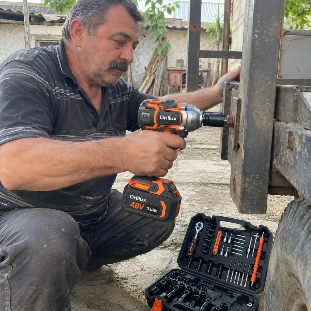 Drillux — Lucas usa el kit al aire libre con el maletín completo